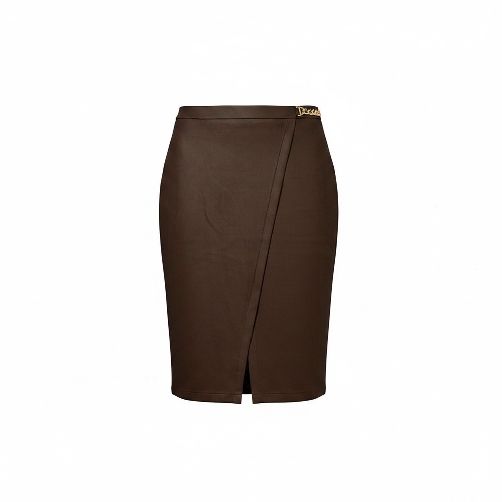 Marc New York Andrew Marc Brown Faux Leather Wrap Midi Skirt Gold Chain M3MSE247
